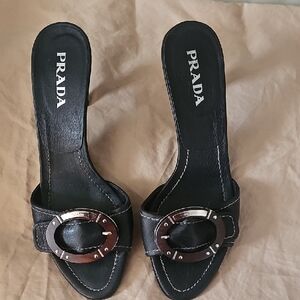 Prada Black Heels with Silver Buckle